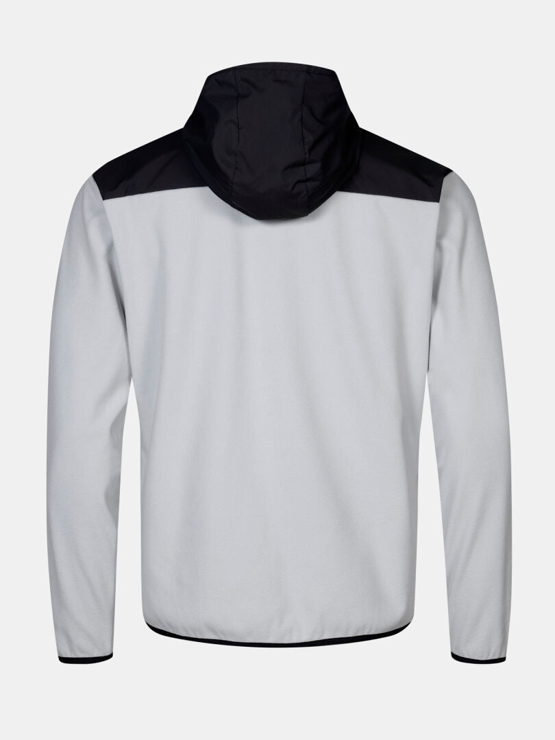 Rückansicht der Halti Rockmoon Fleecejacke Herren in Hellgrau mit schwarzen Akzenten, ideal für Outdoor-Aktivitäten.