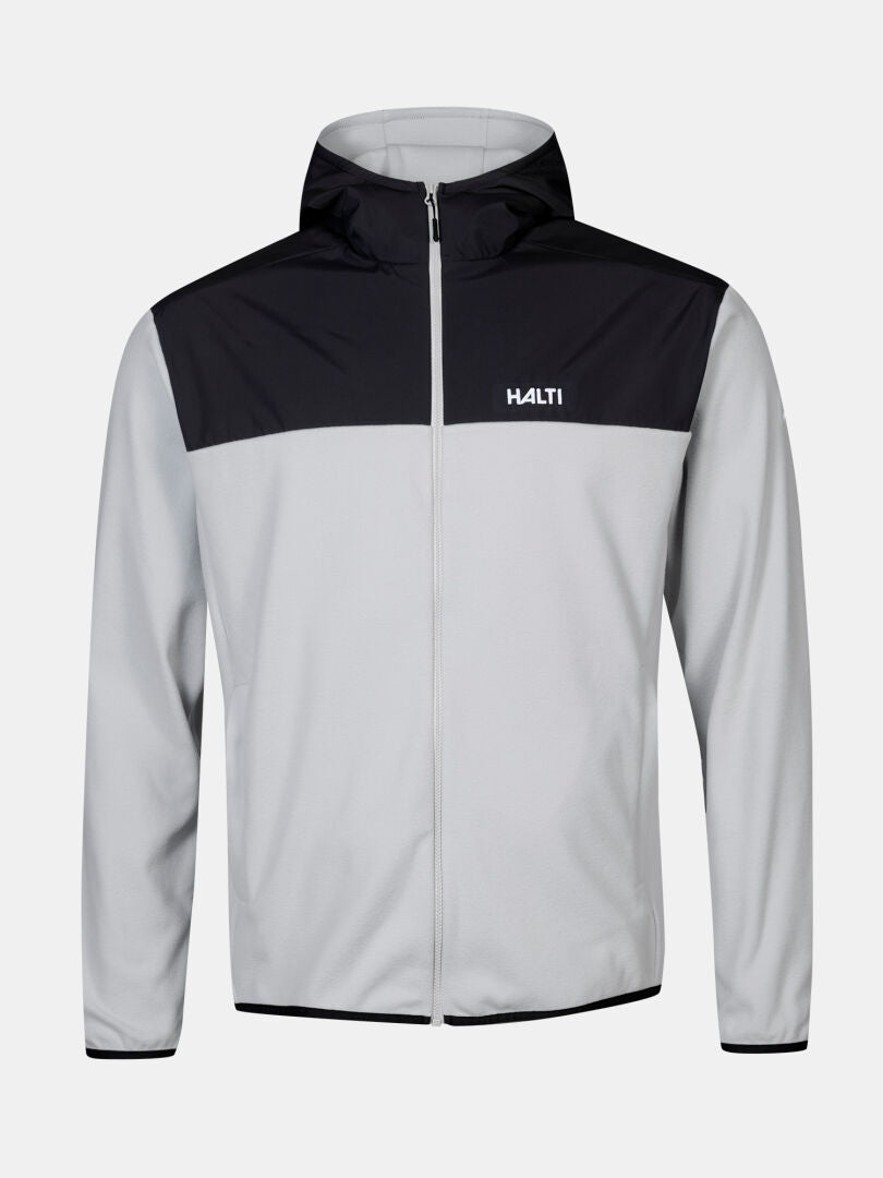 Halti Rockmoon Fleecejacke Herren: hellgrauer Zip-up mit schwarzer Kapuze und Schultern, perfekt für Outdoor-Aktivitäten.