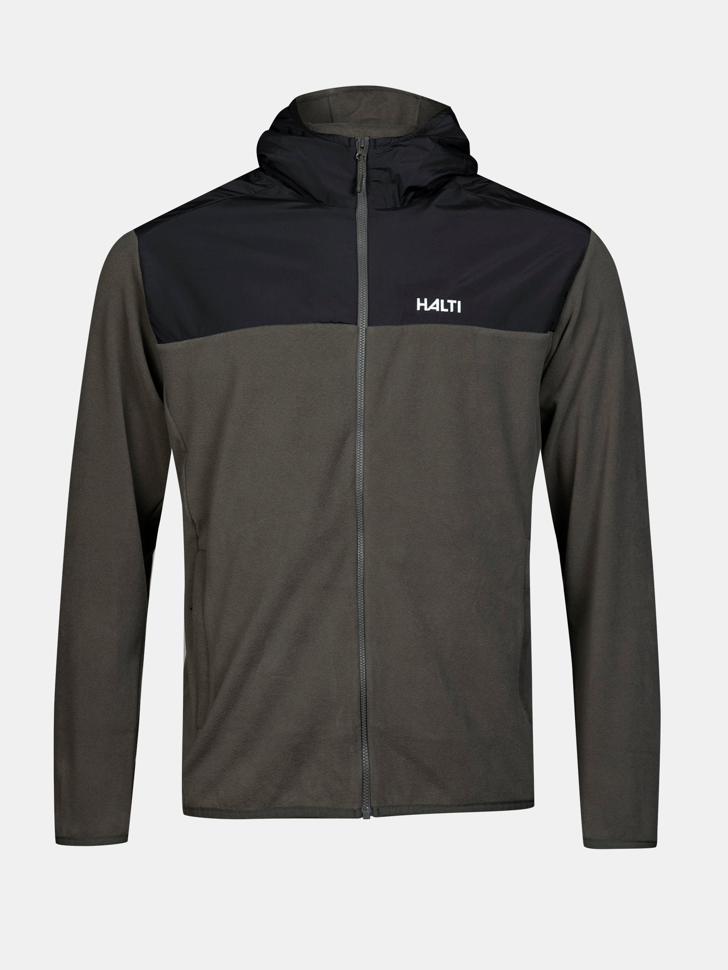 Rockmoon Fleecejacke für Herren von Halti: zweifarbiger Reißverschluss, Kapuze, oliv/schwarz – perfekt für Outdoor-Aktivitäten.