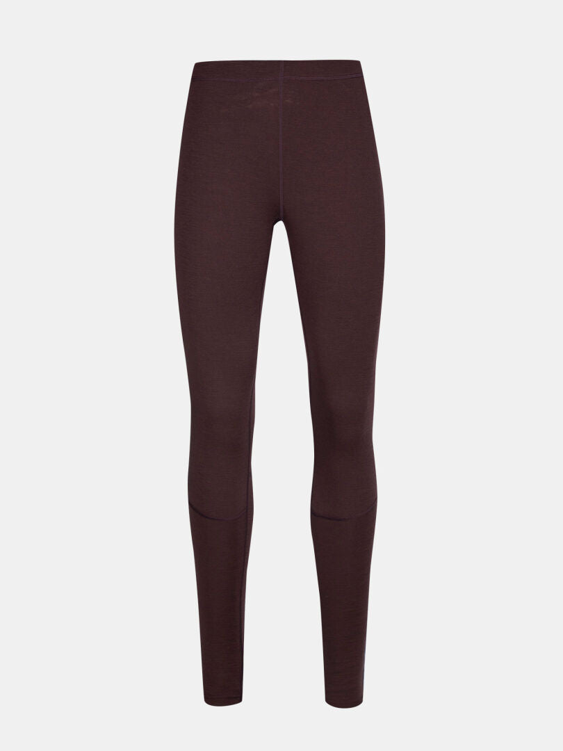 Ein Paar Halti Hossa II hochtaillierte, bodenlange, dunkelbraune Merino Damen Leggings auf weißem Grund.