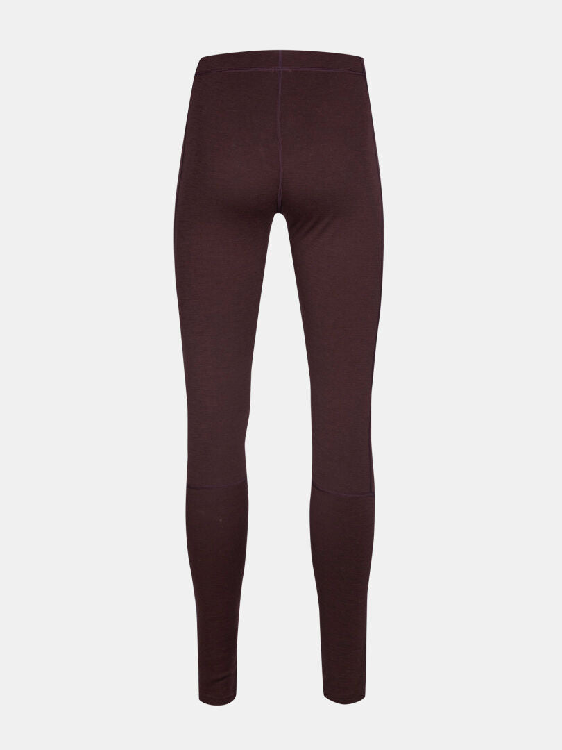 Rückenansicht der Halti Hossa II Merino Unterwäsche Set Damen Leggings in dunklem Burgunderrot auf weißem Hintergrund.