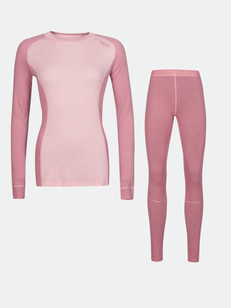 Halti Hossa II Merino Unterwäsche Set Damen: rosa langarm Thermo-Top & Leggings auf weißem Hintergrund.