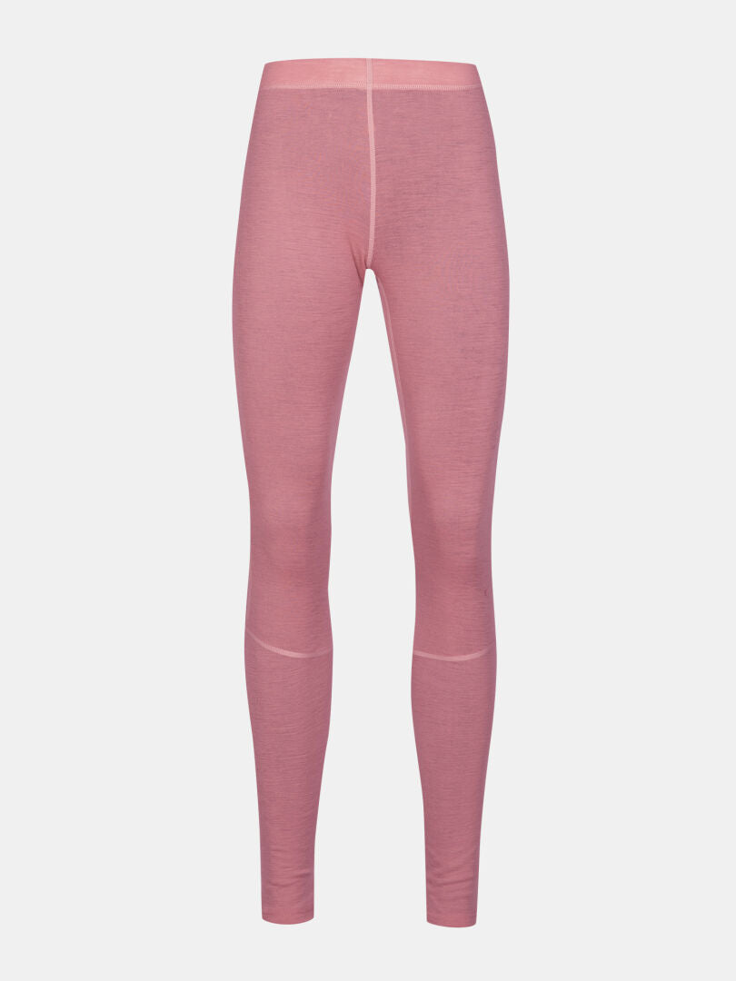 Halti Hossa II Merino Damen Baselayer-Set: rosafarbene, bodenlange, hochtaillierte Leggings auf weißem Grund.