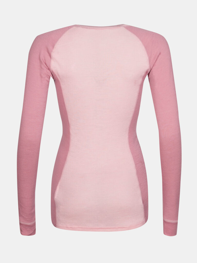 Rückenansicht des Halti Hossa II Merino Unterwäsche Set Damen rosa Longsleeve mit Raglanärmeln auf weißem Grund.