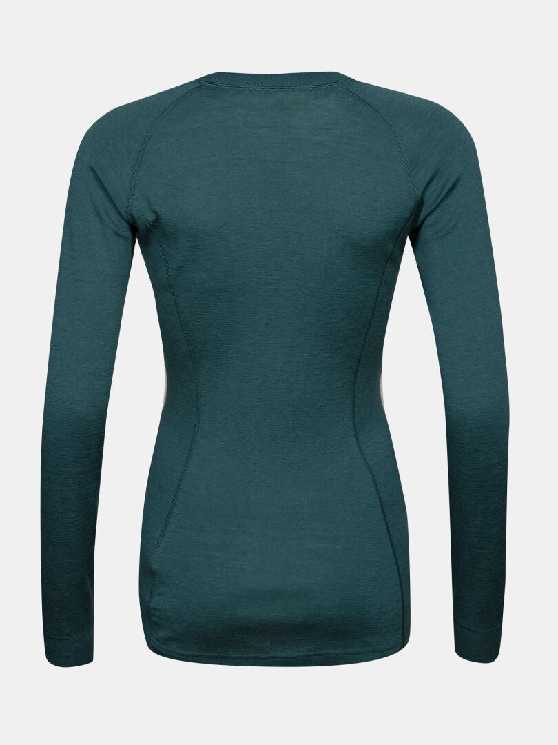 Rückansicht des Halti Hossa II Merino-Unterwäsche-Sets für Damen in der Farbe Teal, mit sichtbaren Nähten und temperaturregulierendem Tragekomfort.
