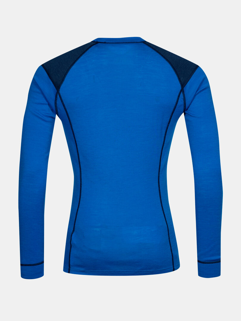 Halti Hossa II Merino Unterwäsche Set Herren in Blau mit schwarzen Schulterpartien und Nahtdetails, Rückansicht.