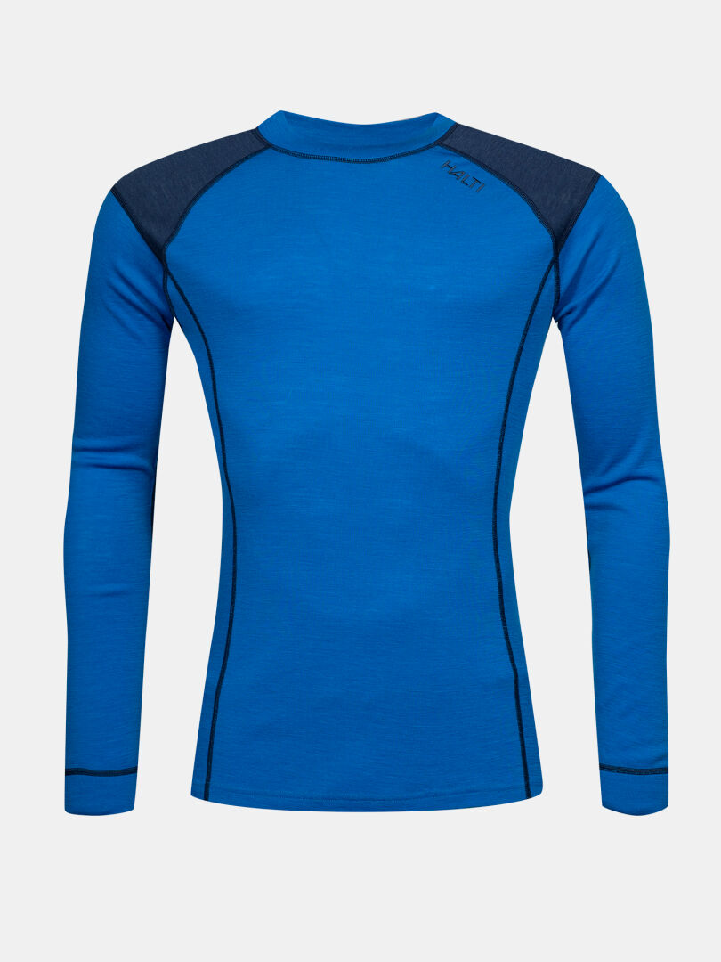 Das Halti Hossa II Merino Unterwäsche Set Herren besteht aus einem blauen Langarmshirt mit dunklen Einsätzen und sichtbaren Nähten.