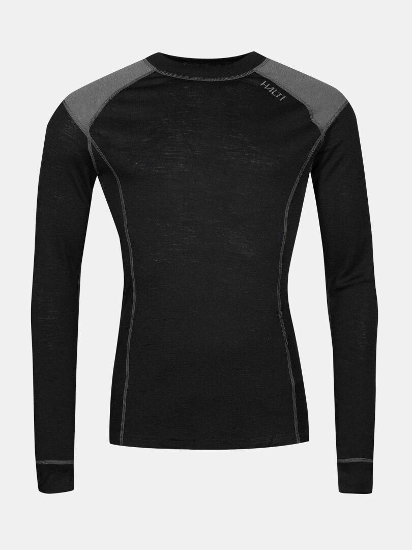 Das Halti Hossa II Merino Unterwäsche Set Herren hat schwarze lange Ärmel, graue Schulterpartien und sichtbare Nähte.