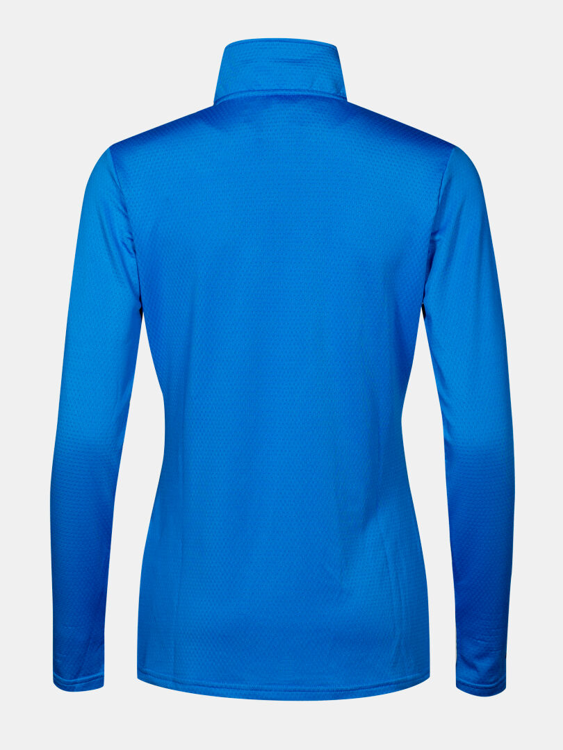 Die Jaako Hemd Damen von Halti ist eine taillierte, langärmelige, hellblaue Jacke mit hohem Kragen, von hinten gesehen.