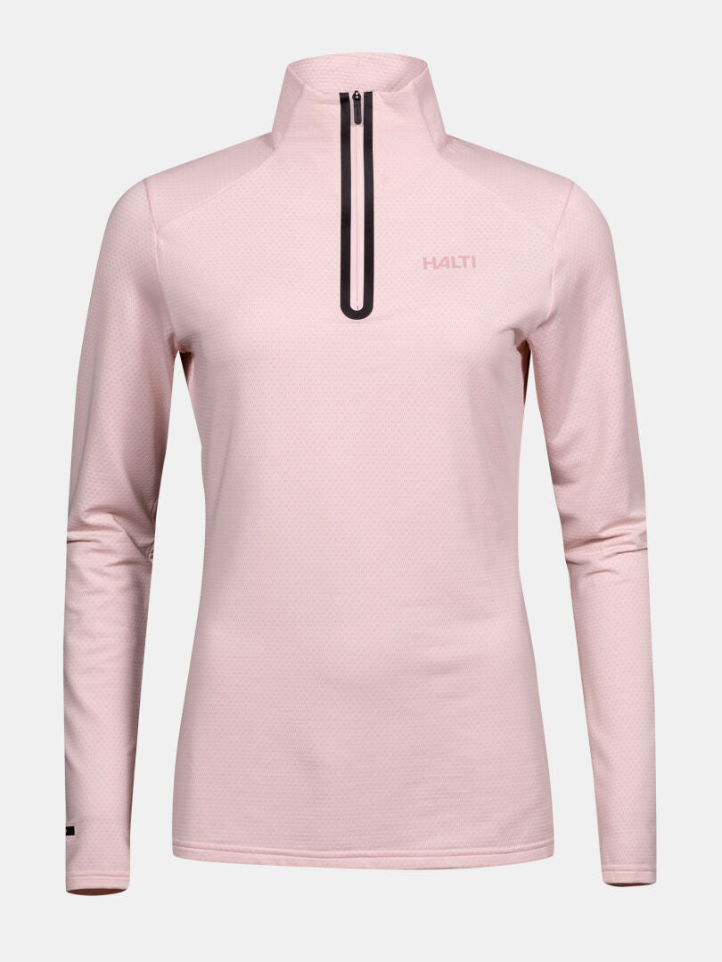 Ein hellrosa Jaako Hemd Damen von Halti mit halbem Reißverschluss und Halti-Logo auf der linken Brust.