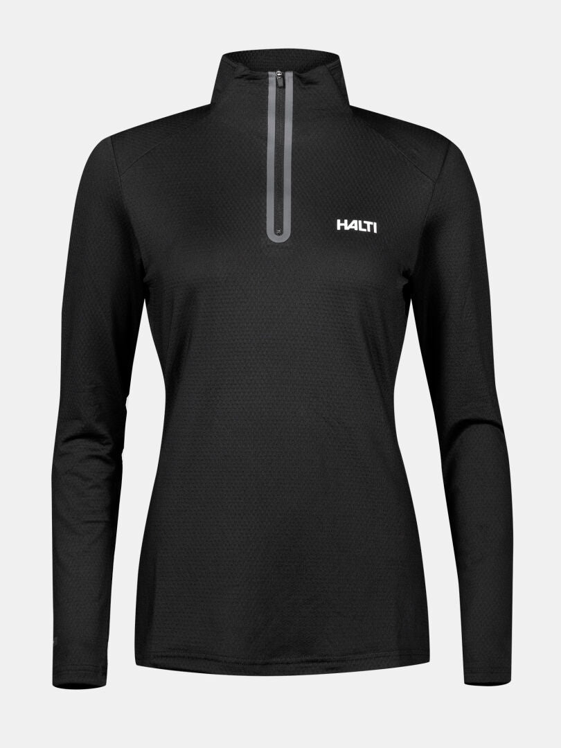 Halti Jaako Hemd Damen: schwarzer langärmeliger Midlayer mit Frontreißverschluss und Logo, aus Active Dry Sport Knit Material.