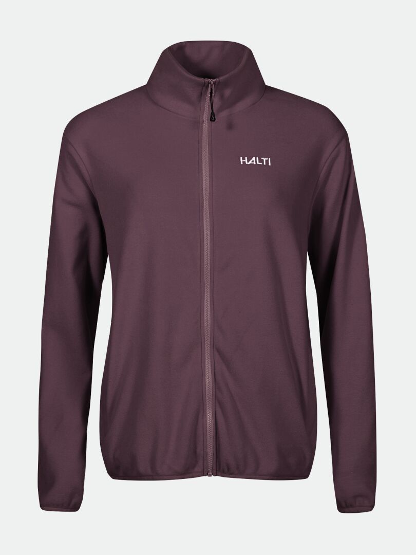 Die Halti Rockmoon Fleecejacke Damen Plus ist ein kastanienbrauner Zip-up mit hohem Kragen, perfekt für Outdoor-Aktivitäten.