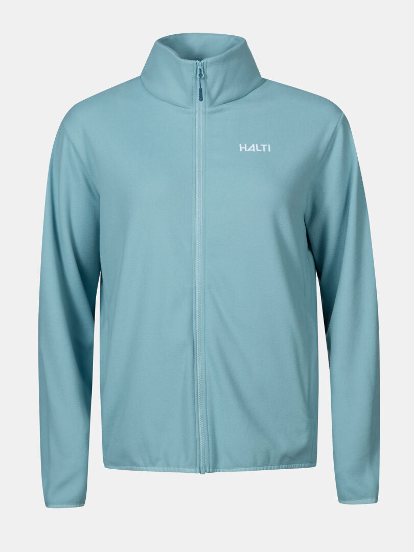 Die Halti Rockmoon Fleecejacke Damen Plus ist eine hellblaue Plus-Size-Fleecejacke für Outdoor-Aktivitäten, mit Logo und hohem Kragen.