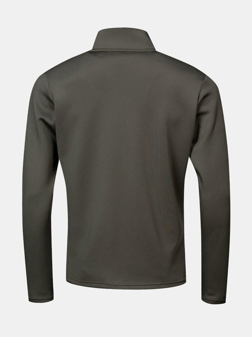 Rückansicht der Halti Kivikko Midlayer-Jacke für Herren in Dunkeloliv, ideal für Outdoor-Aktivitäten, vor weißem Hintergrund.