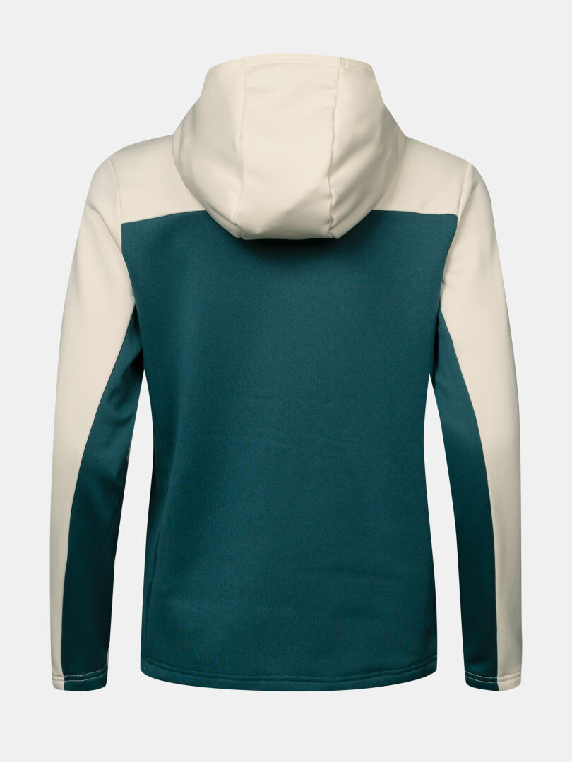 Rückansicht einer dunkelblaugrünen Halti Seiland Layer Jacke für Damen mit cremefarbener Kapuze und Ärmeln für Outdoor-Aktivitäten.