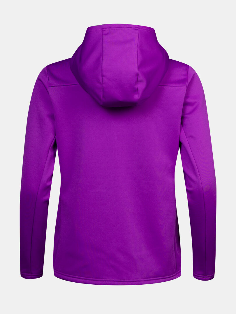 Rückansicht einer leuchtend violetten Halti Seiland Layer Jacke Damen – einer elastischen Midlayer-Jacke mit Kapuze.