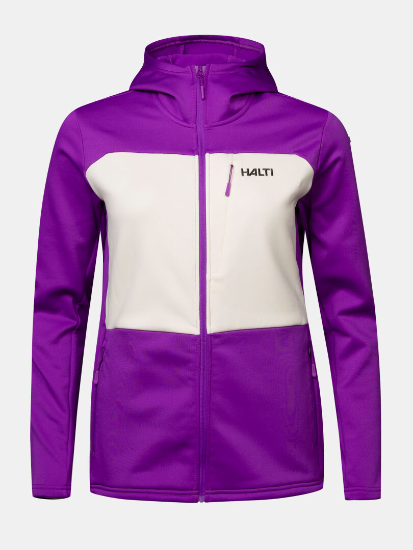 Halti Seiland Layer Jacke für Damen in Lila und Creme, eine Fleecejacke mit Kapuze, Reißverschluss und Brusttasche.