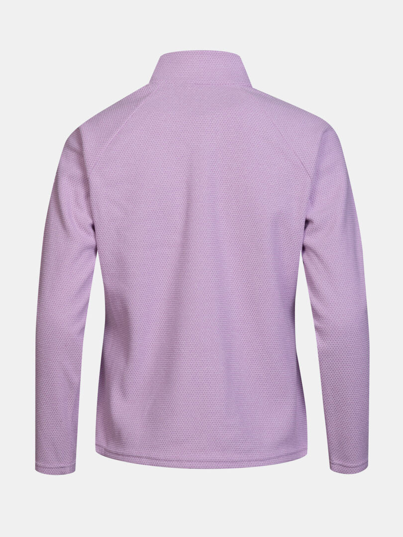 Rückansicht der Halti Suomis Hybrid Layer Jacke für Damen in Hellviolett mit Stehkragen, ideal für Outdoor-Aktivitäten.