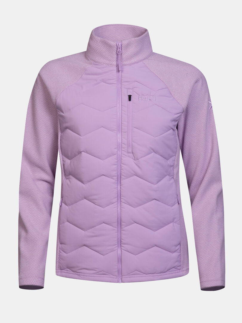 Halti Suomis Hybrid Layer Jacke für Damen: hellviolett, durchgehender Reißverschluss, Brusttasche, Microtherm Dynamic-Isolierung.
