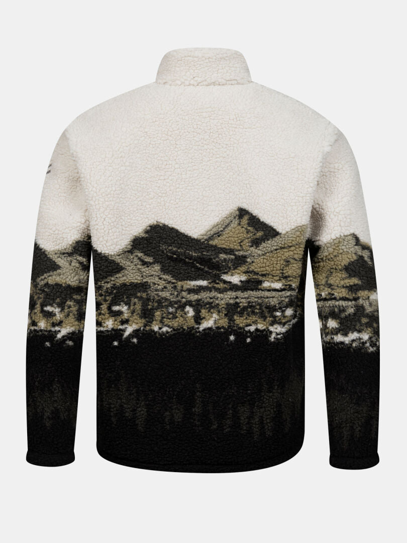 Rückansicht der Halti Tunturit Fleecejacke Unisex mit Bergmotiv aus schwarzem, weißem und olivfarbenem Teddyfleece.