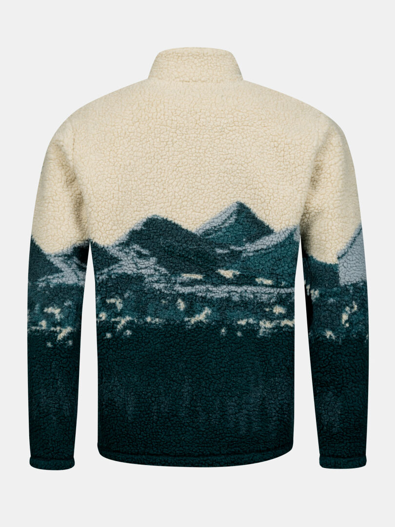 Halti Tunturit Fleecejacke, Unisex, in Dunkelgrün und Creme mit Bergmotiv, Rückansicht auf weißem Hintergrund.