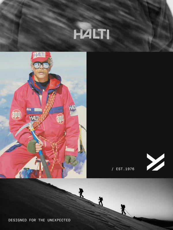 Ein Bergsteiger in Halti-Ausrüstung steht auf einem verschneiten Berg; drei Wanderer steigen einen Hang hinauf; Halti-Logo und EST.1976 sind abgebildet.
