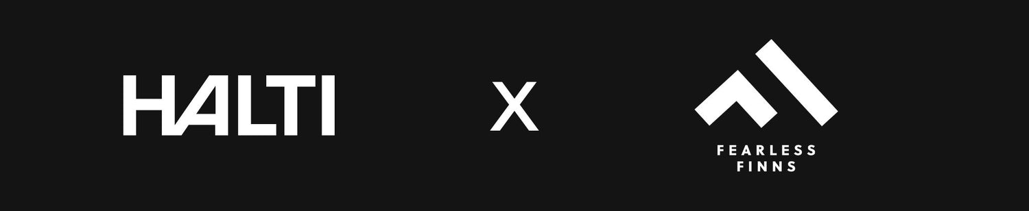 Schwarzer Hintergrund mit dem HALTI-Logo, einem X und dem Logo der Fearless Finns mit Text darunter.