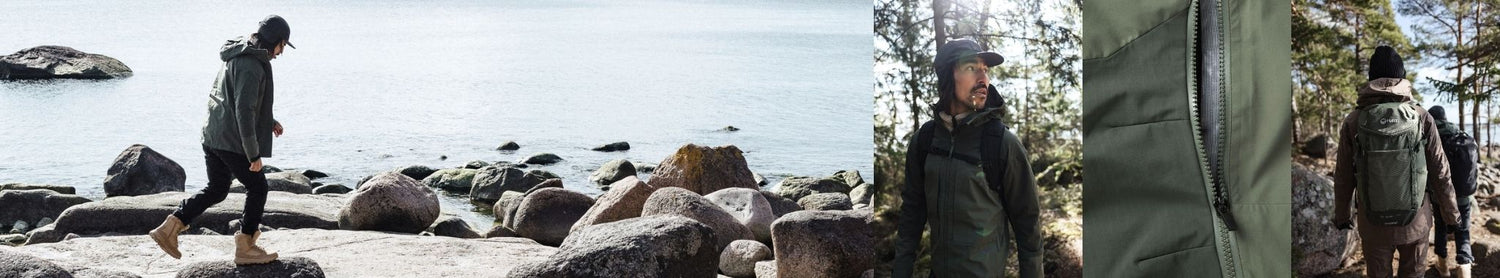 Eine Person in einer grünen Jacke geht auf Felsen am Wasser, mit Nahaufnahmen der Jacke und anderer Personen im Freien.