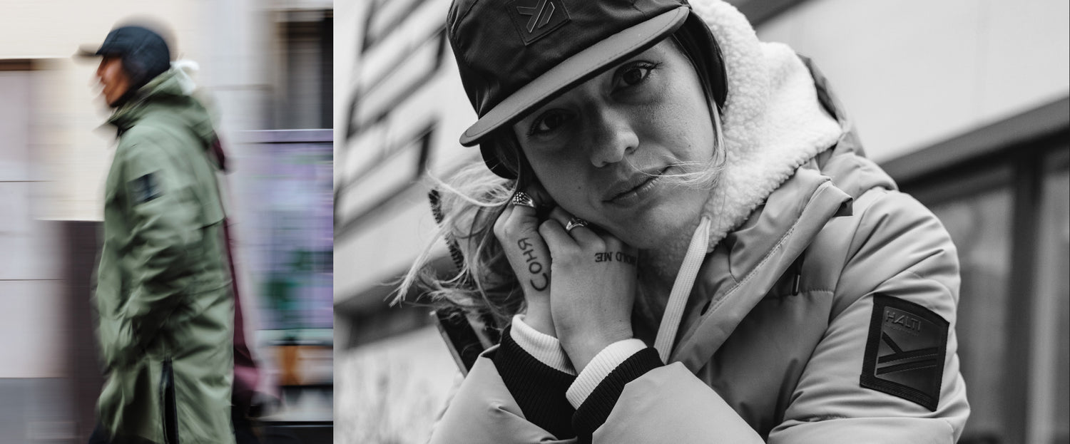 Halti Streetwear Look – Mann und Frau in urbaner Herbst- und Wintermode aus der Kollektion Kallio by Halti