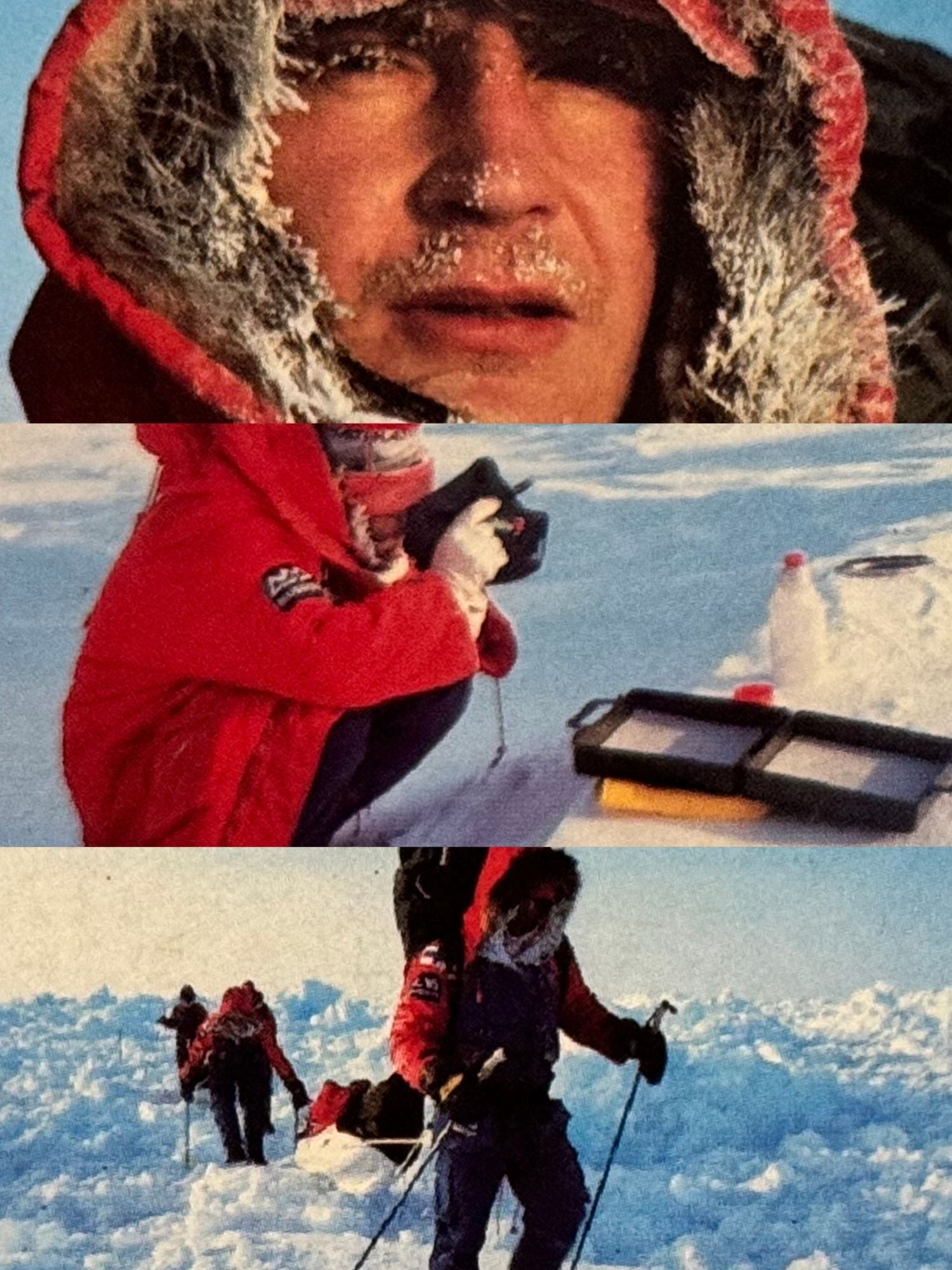 Ein Mann in einem roten Parka im Schnee; Menschen in roten Parkas bauen ihre Ausrüstung auf; eine Gruppe fährt über verschneites Gelände.