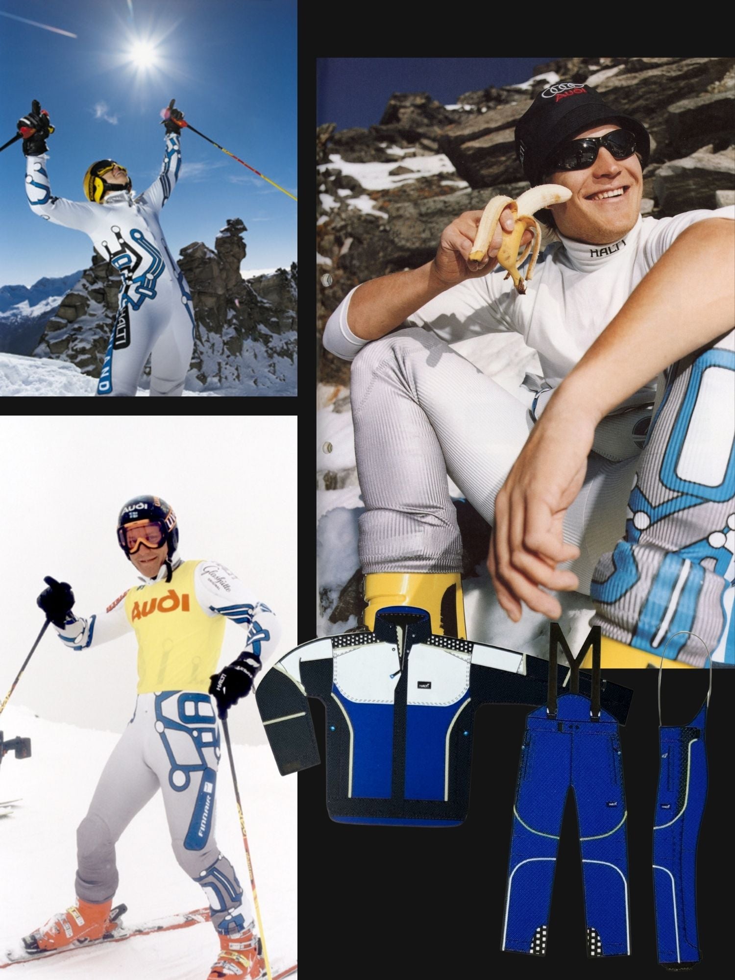 Skifahrer in Rennanzügen posieren auf Bergen und essen Bananen; die Designs der Skianzüge sind am unteren Rand des Bildes abgebildet.