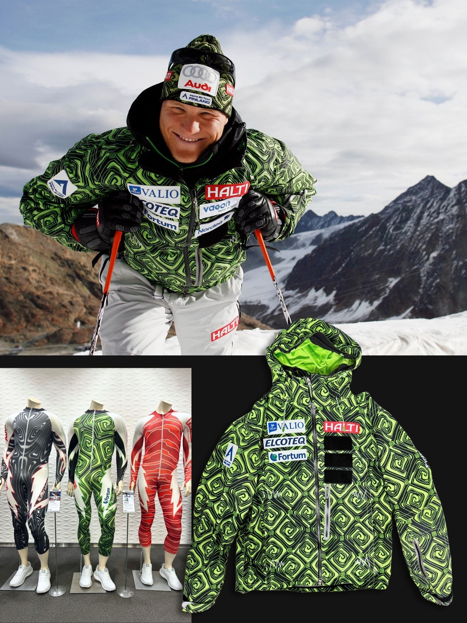 Ein Skifahrer in einer grün gemusterten Jacke im Freien, mit Schaufensterpuppen in Rennanzügen und einer Nahaufnahme der Jacke darunter.