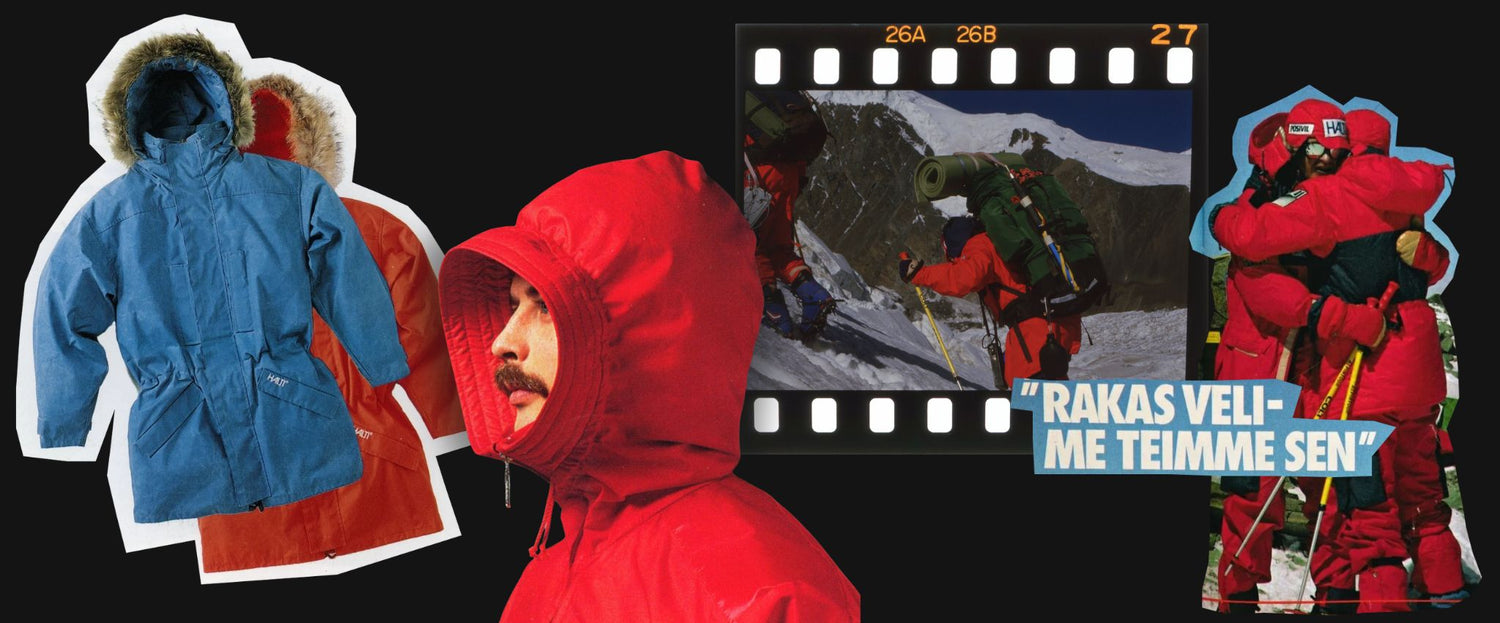 Zwei Parkas, ein Mann in einer roten Kapuzenjacke und Bergsteiger auf einem verschneiten Berg, mit Text auf Finnisch.