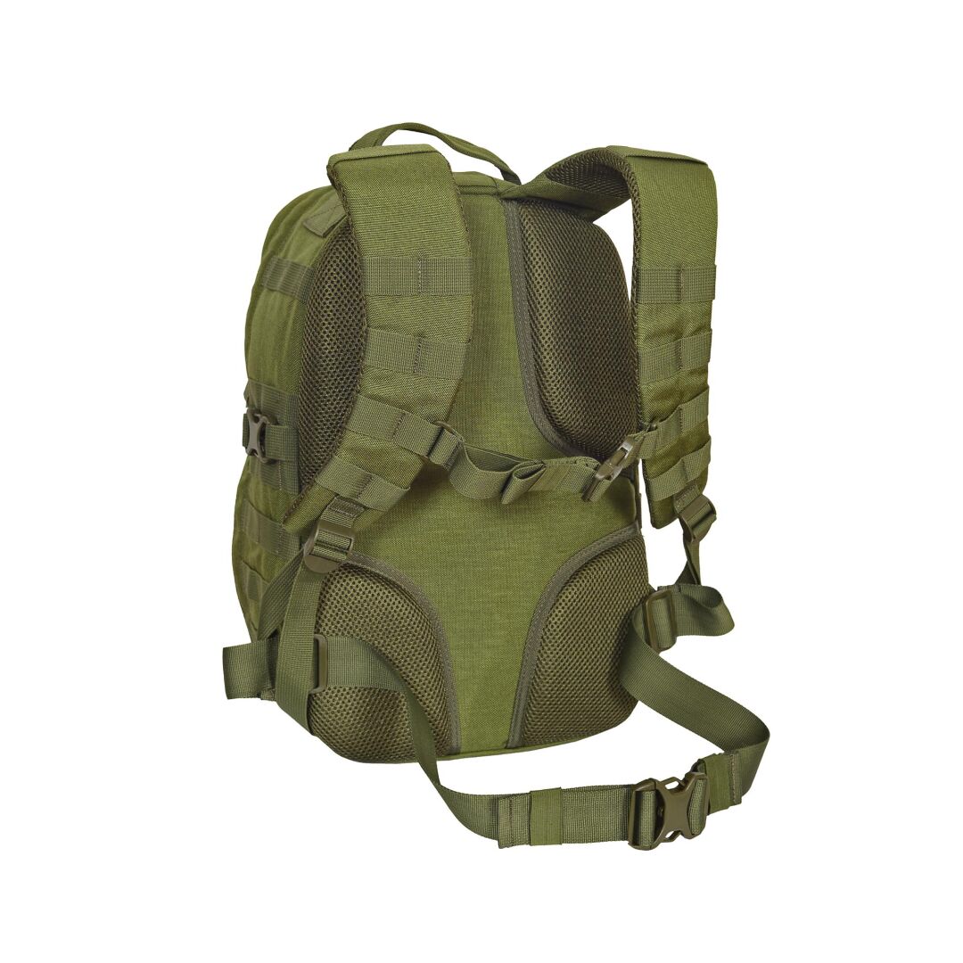 Der Halti Sandstorm 2 Rucksack ist eine grüne taktische Tasche mit gepolsterten Riemen, Netzrücken und MOLLE-System für den Außenbereich.