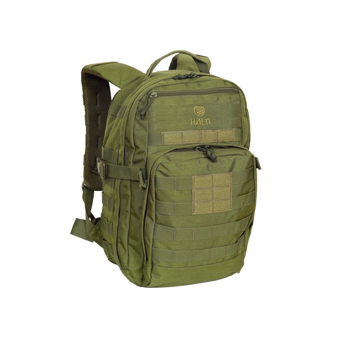 Halti Sandstorm 2 Rucksack in Olivgrün mit MOLLE-System, mehreren Fächern und gepolsterten Riemen.