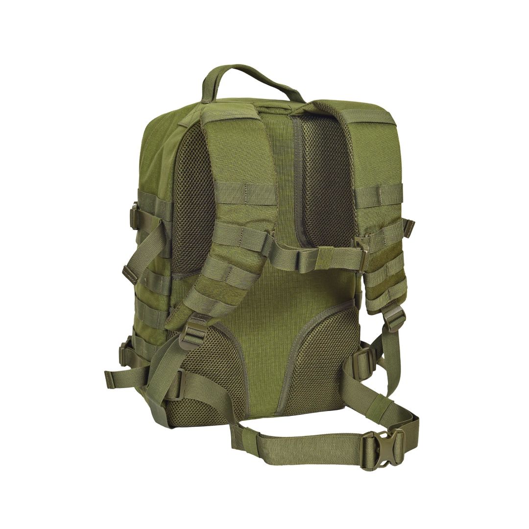 Olivgrüner Halti Sandstorm 1 Rucksack mit MOLLE-System, gepolsterten Riemen, Netzrücken und verstellbaren Schnallen.