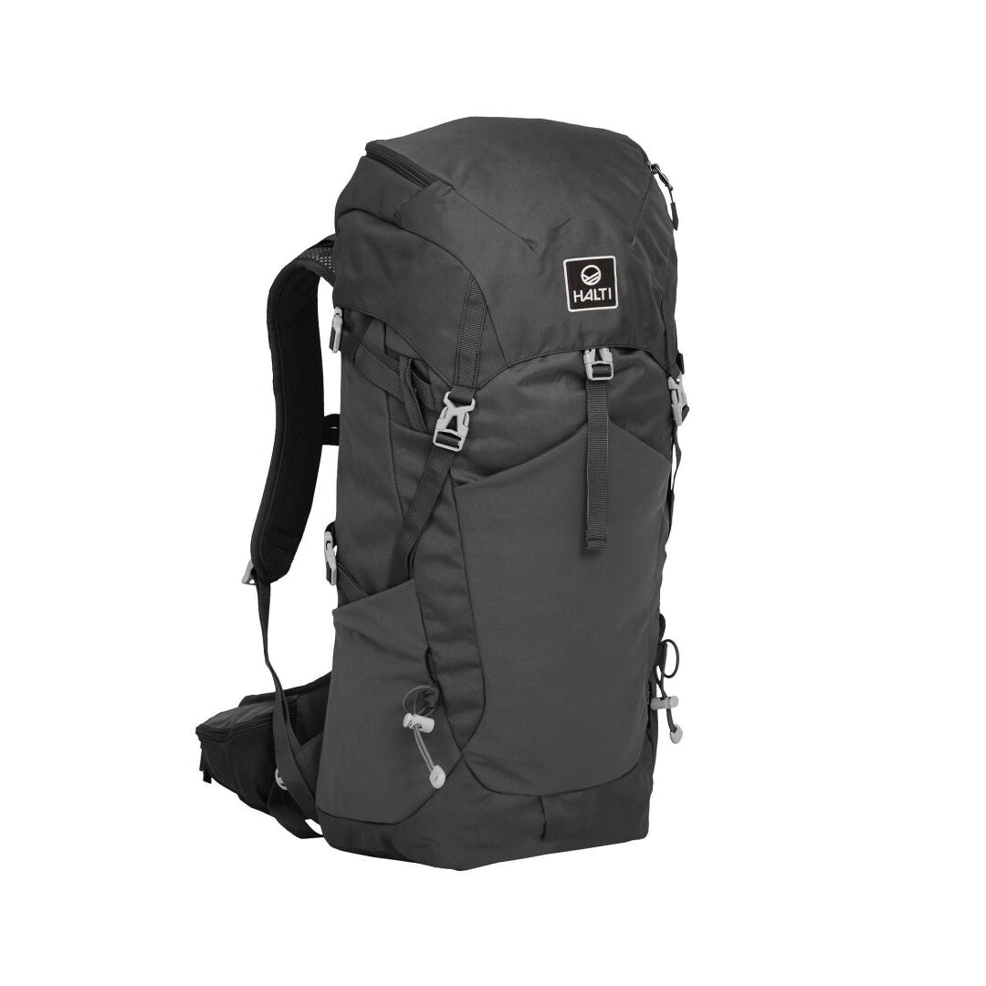 Ein schwarzer Halti Pursuit 35 Lite-Rucksack zum Trekking mit mehreren Fächern und gepolsterten Schultergurten.