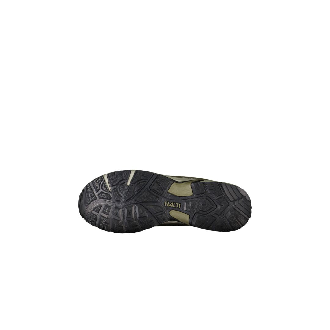 Schwarz-olivgrüner Fara Herren Low 2 DrymaxX von Halti mit robuster GripmaxX-Sohle und zentralem Halti-Branding.