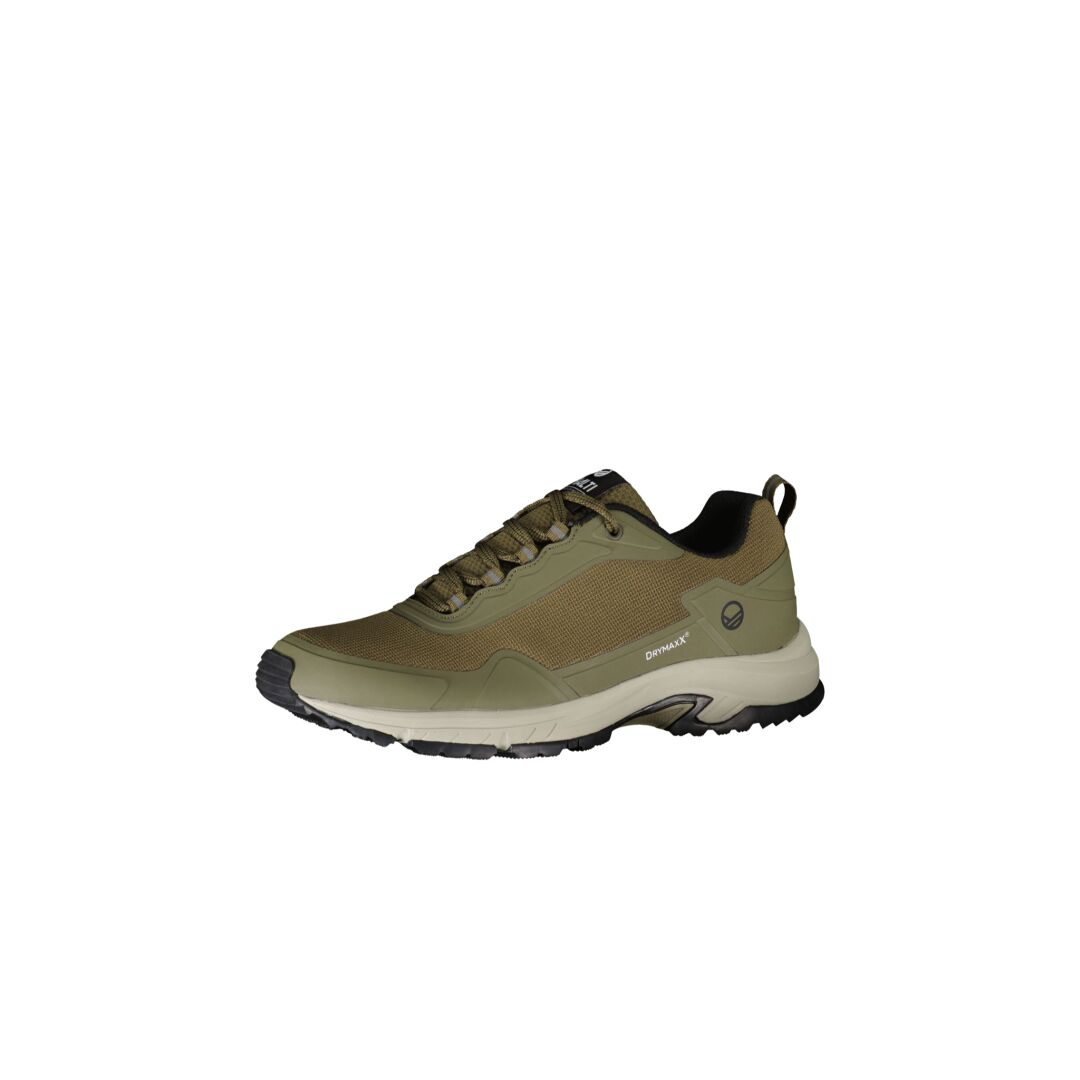 Halti Fara Herren Low 2 DrymaxX-Sneaker in Olivgrün mit GripmaxX-Sohle, Schnürverschluss und Fersenlasche auf weißem Hintergrund.