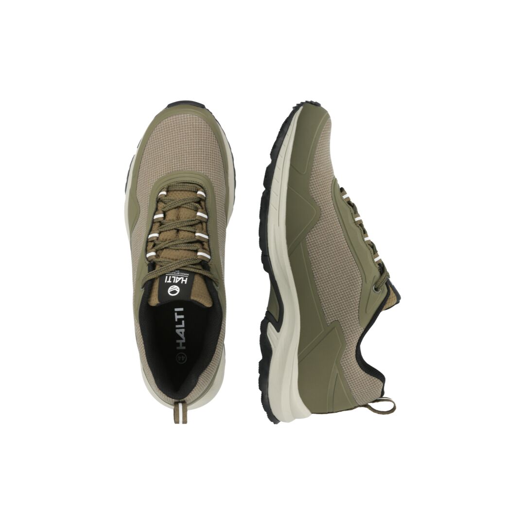 Halti Fara Herren Low 2 DrymaxX oliv-beige Sneaker mit GripmaxX-Sohle, oben und seitlich auf weißem Hintergrund abgebildet.
