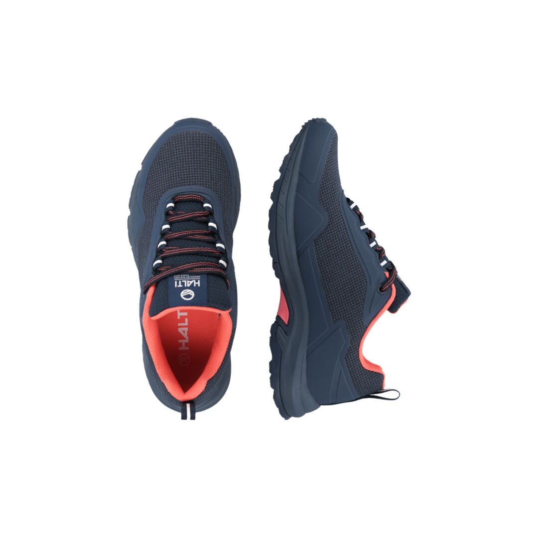 Die Halti Fara Damen Low 2 DrymaxX Schuhe in Dunkelblau mit roten Akzenten und GripmaxX-Sohle, Seiten-/Draufsicht.