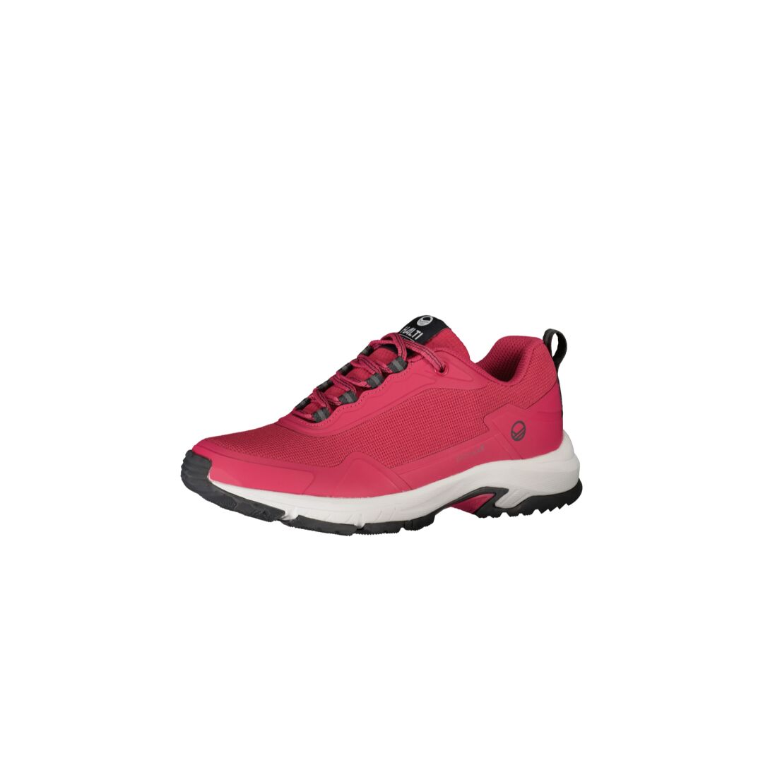 Ein Halti Fara Damen Low 2 DX rosa Wanderschuh mit DrymaxX, weißer und schwarzer Sohle, dargestellt in Seitenansicht auf weißem Hintergrund.