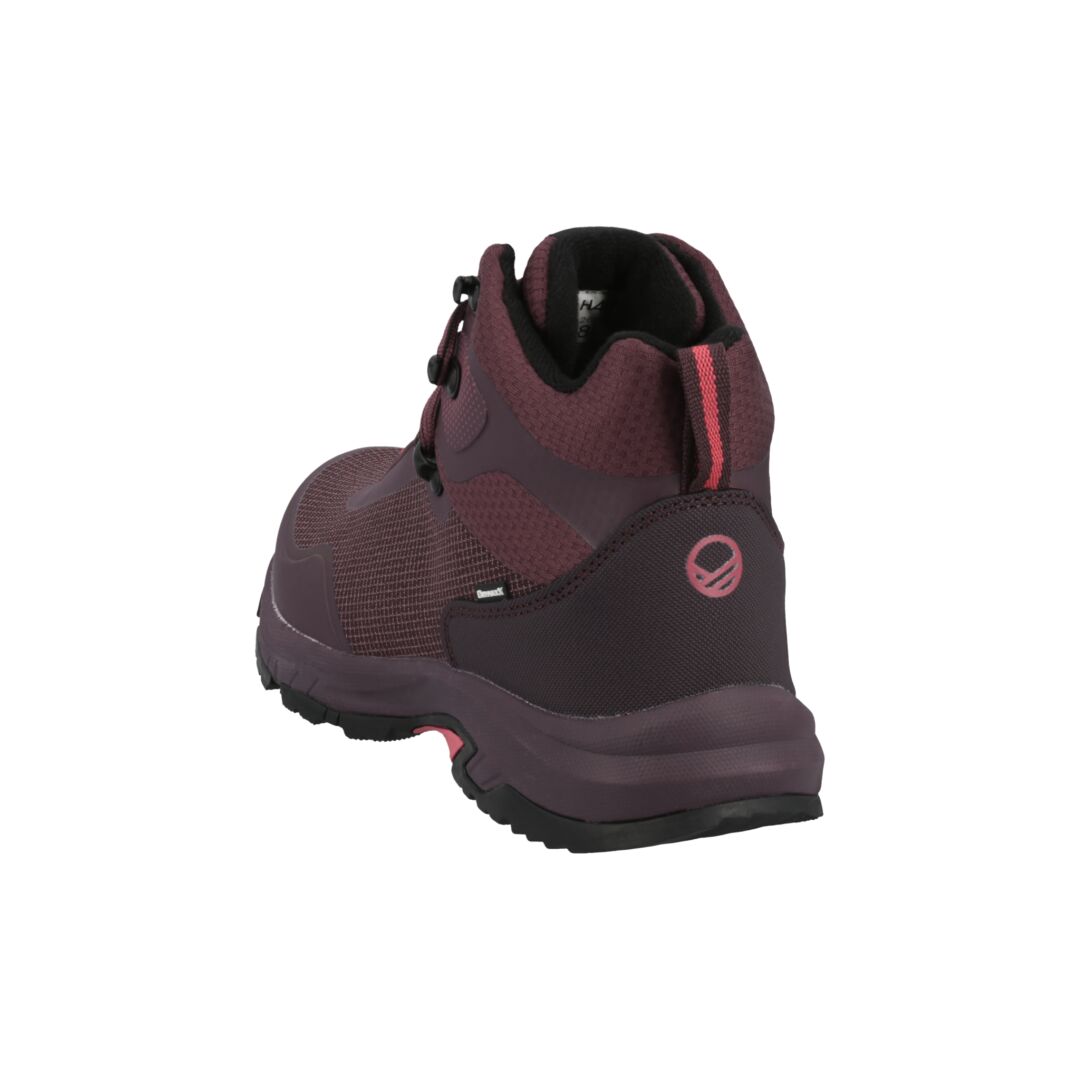 Der Halti Fara 2 DX Mid Damen Outdoor-Schuh in kastanienbraun-rosa, abgebildet von hinten mit Sohle, Ferse und Knöchelschutz.