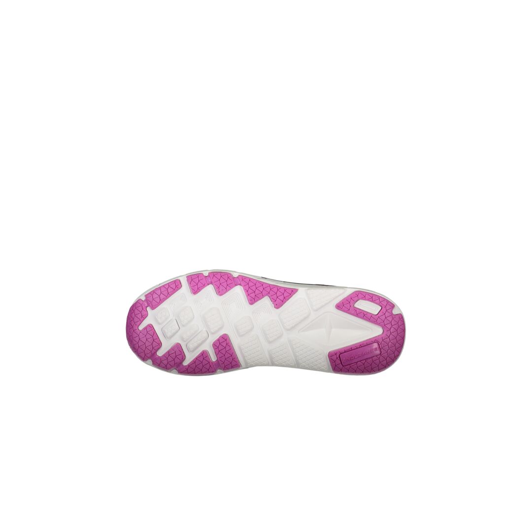 Die Sohle der Halti Tempo 2 Damen Schuhe zeigt violette Akzente und ein Memory-Schaum-Muster auf weißem Hintergrund.