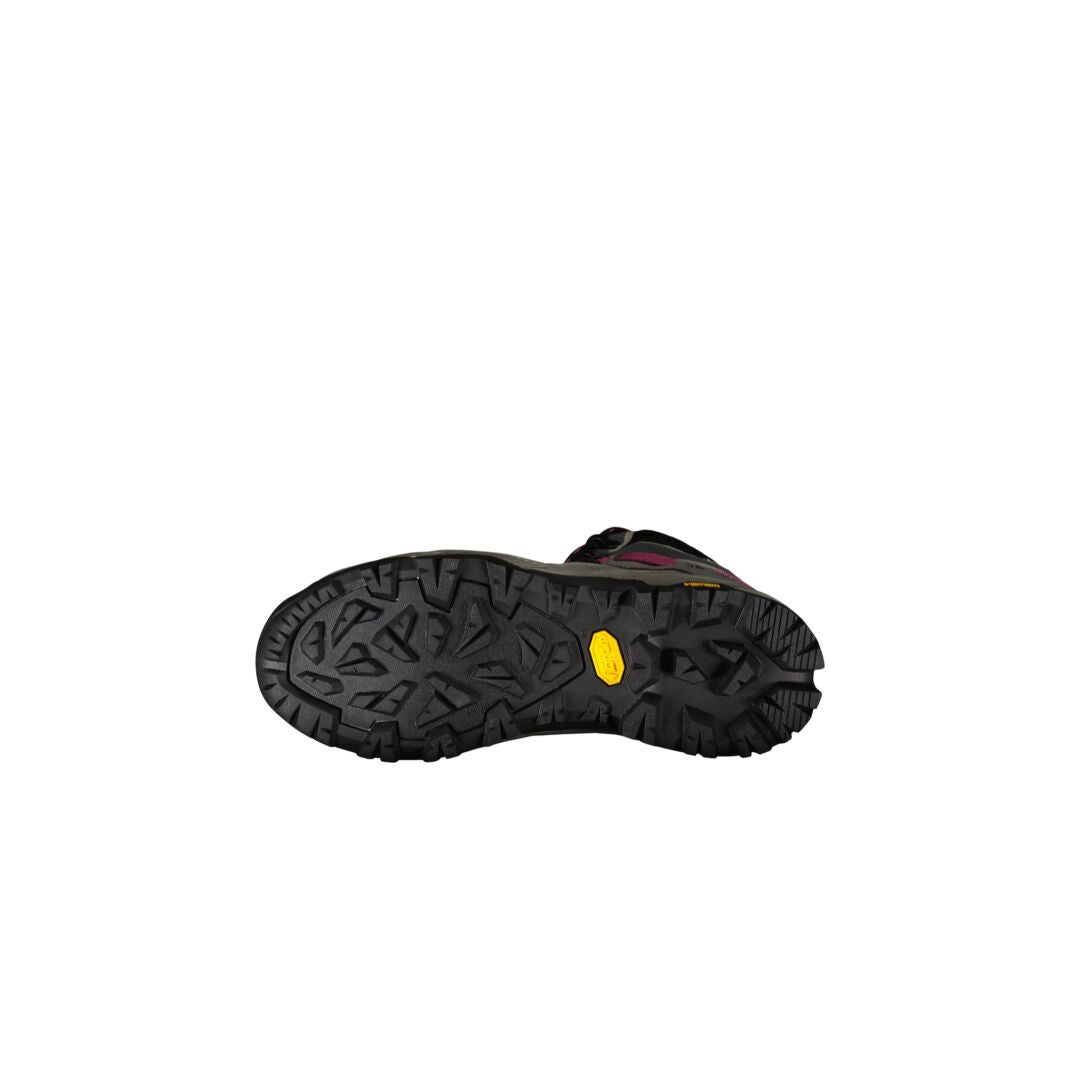 Halti Ragnar Mid Damen DrymaxX Trekkingschuhe mit Sohle nach oben, mit Vibram Gummisohle-Griff und gelbem Logo.