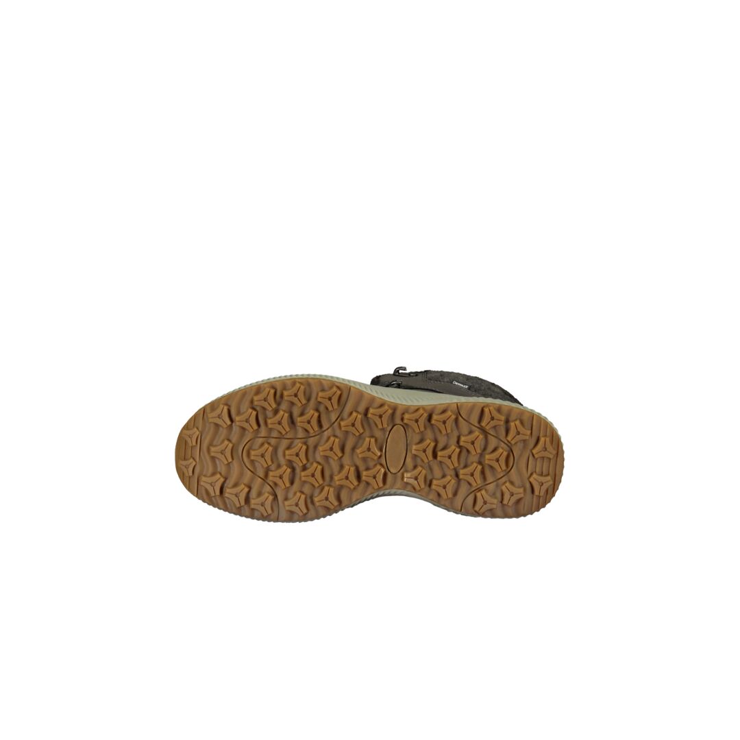 Eine braune Gummisohle mit strukturiertem Profil für Halti Dundee Mid DrymaxX Winterschuhe Damen, abgebildet auf weißem Hintergrund.