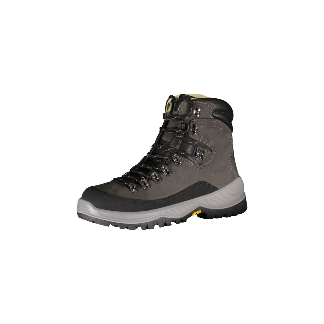 Der Halti Optima 2 DrymaxX Trekkingstiefel in Grau/Schwarz mit Vibramsohle und Metallösen, abgebildet auf Weiß.