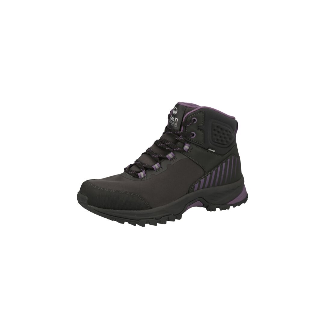 Ein einzelner Halti Winnipeg Mid DrymaxX Damenschuh in Schwarz mit violetter, robuster GripmaxX Arctic-Sohle, direkt auf Weiß abgewinkelt.