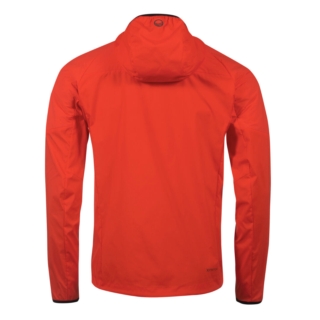Die Halti Crust Herren Layer Jacke in leuchtendem Rot, mit langen Ärmeln und Kapuze, ist von hinten auf Weiß abgebildet.