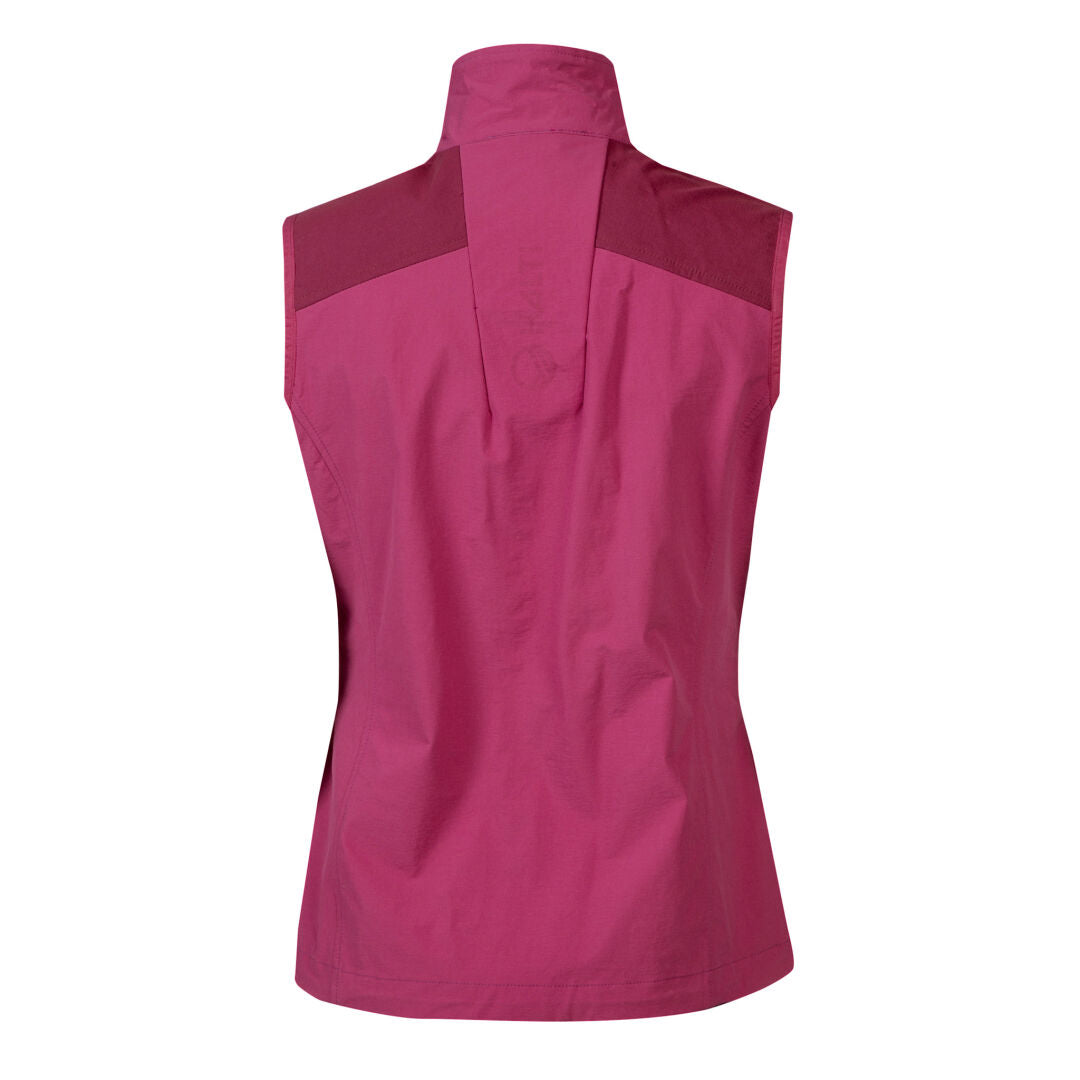 Rückansicht der Halti Pallas Damen X-Stretch Weste in Magenta, hergestellt aus atmungsaktiven Materialien für den Outdoor-Einsatz.